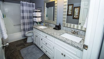 Hair dryer, towels, soap, shampoo