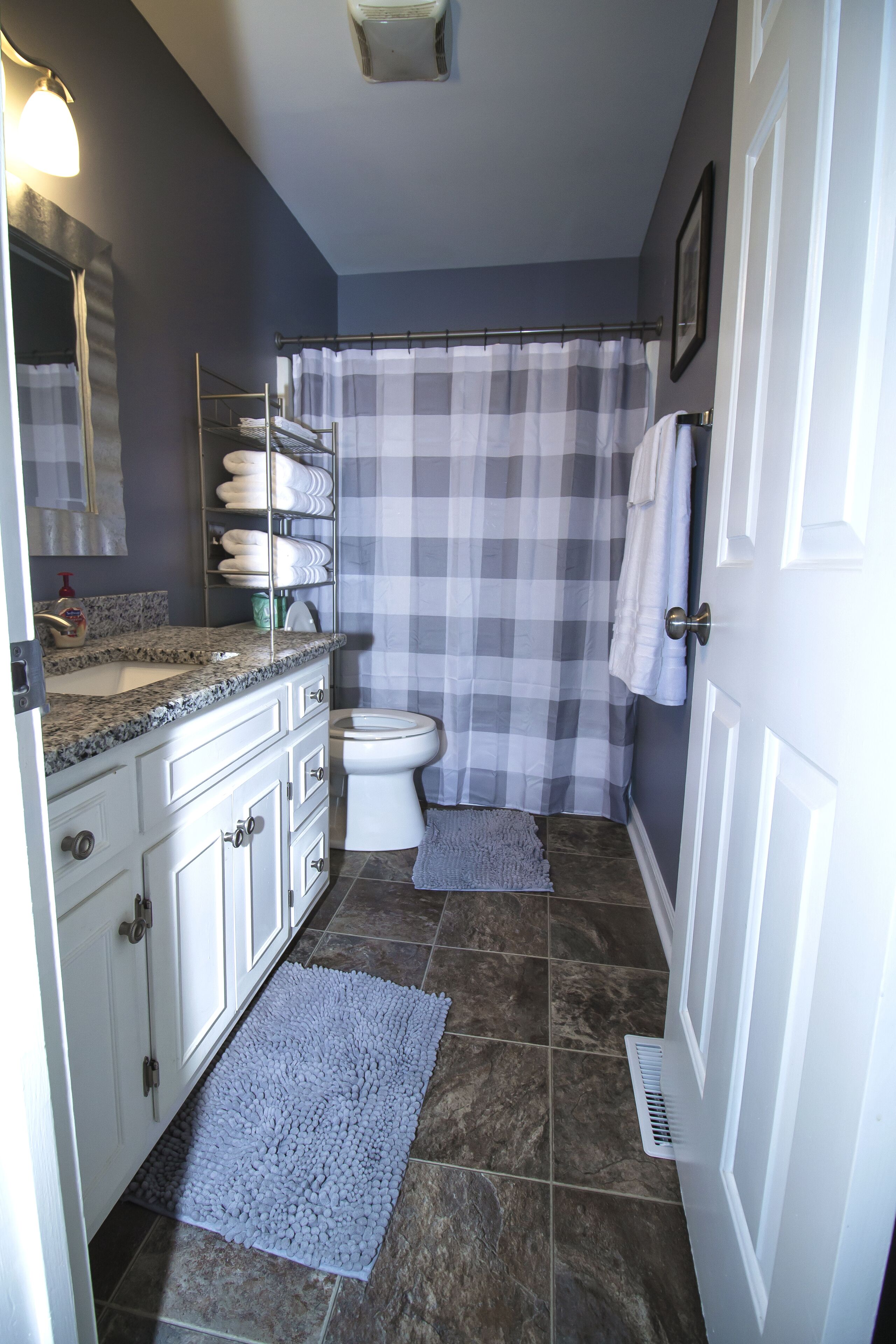 A bathroom with a shower curtain, a toilet, a sink, and a towel rack.
