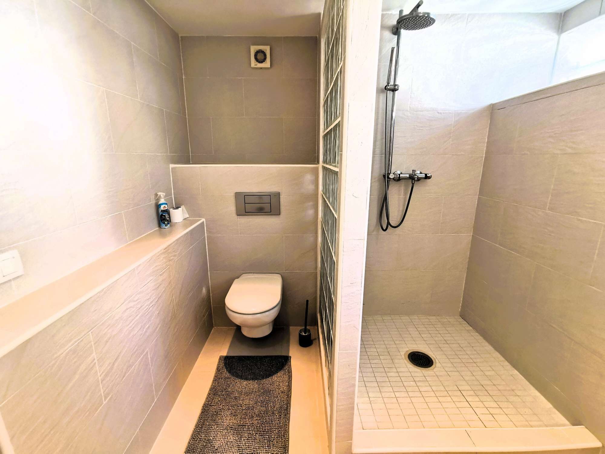 A compact bathroom with a toilet, a shower area, and a small sink.