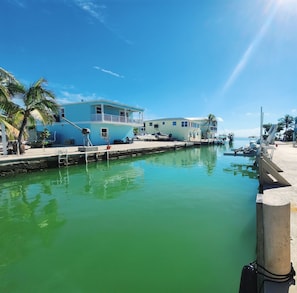A marina with a blue building, boats, and a calm green water body.