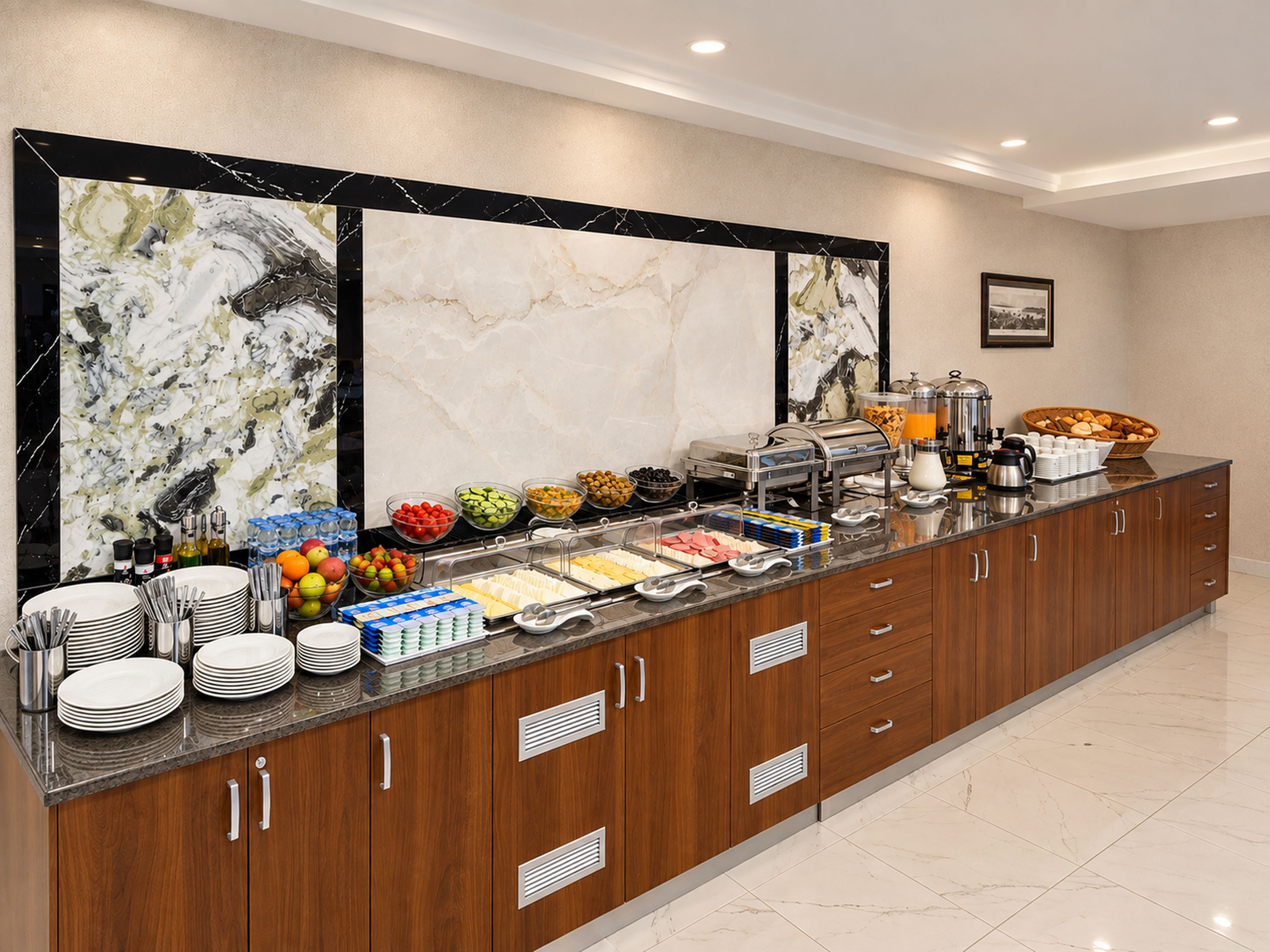 Montaje tipo bufé con diversos alimentos y utensilios, una pared de mármol con obras de arte, y un mueble de madera con cajones.