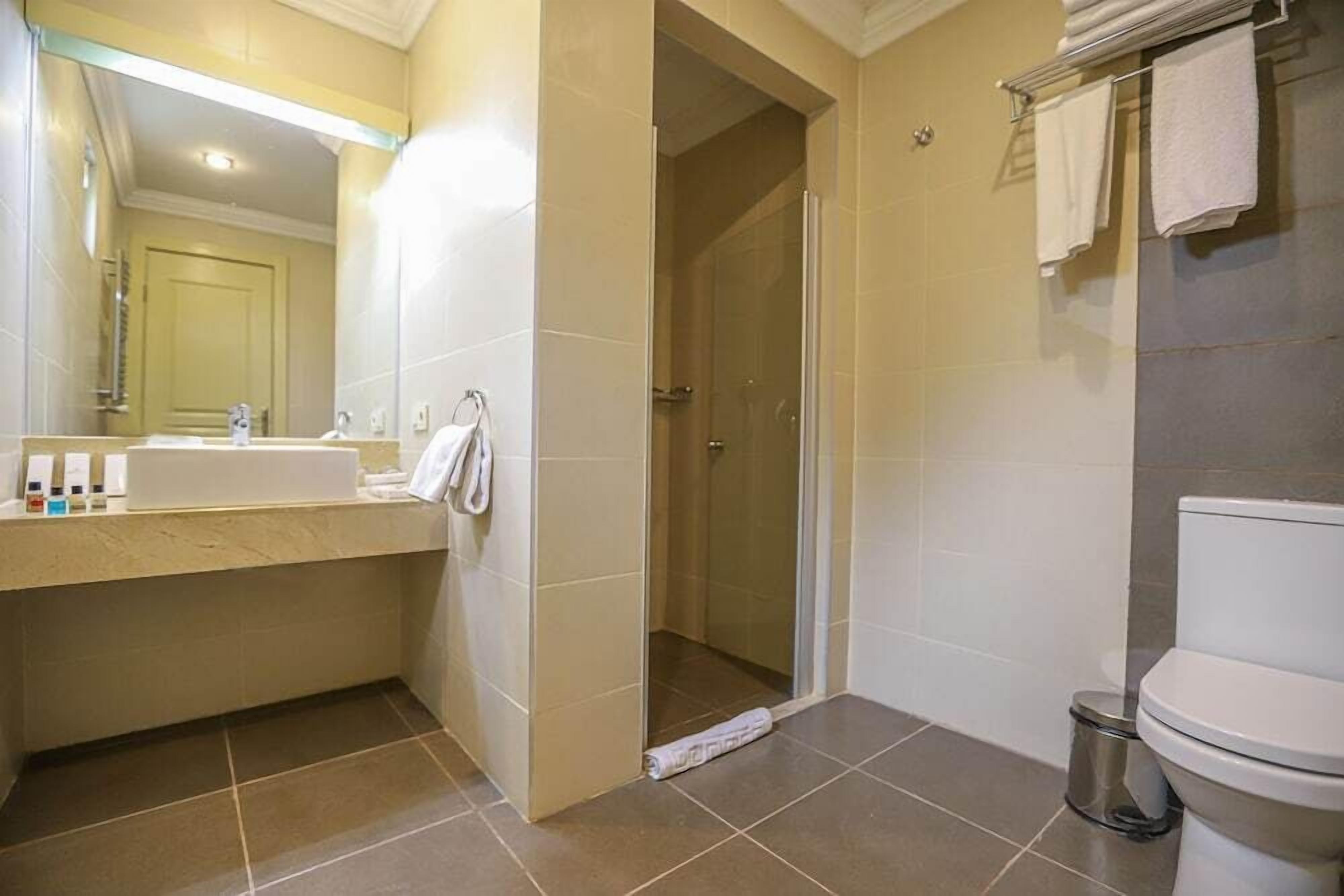 A bathroom with a sink, mirror, shower, and toilet.
