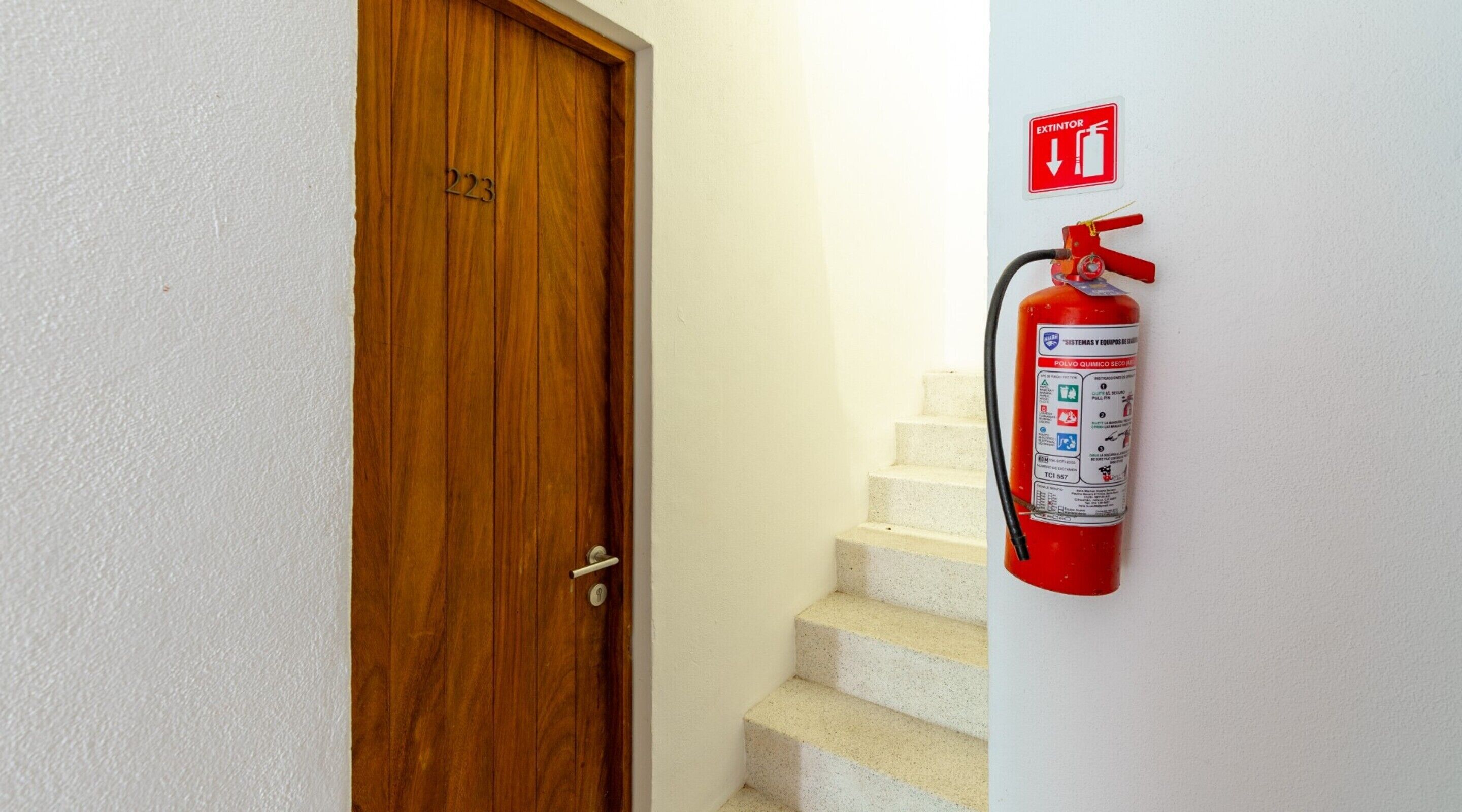 Une porte en bois portant le numéro 223, un extincteur fixé au mur et un escalier menant à l’étage supérieur.