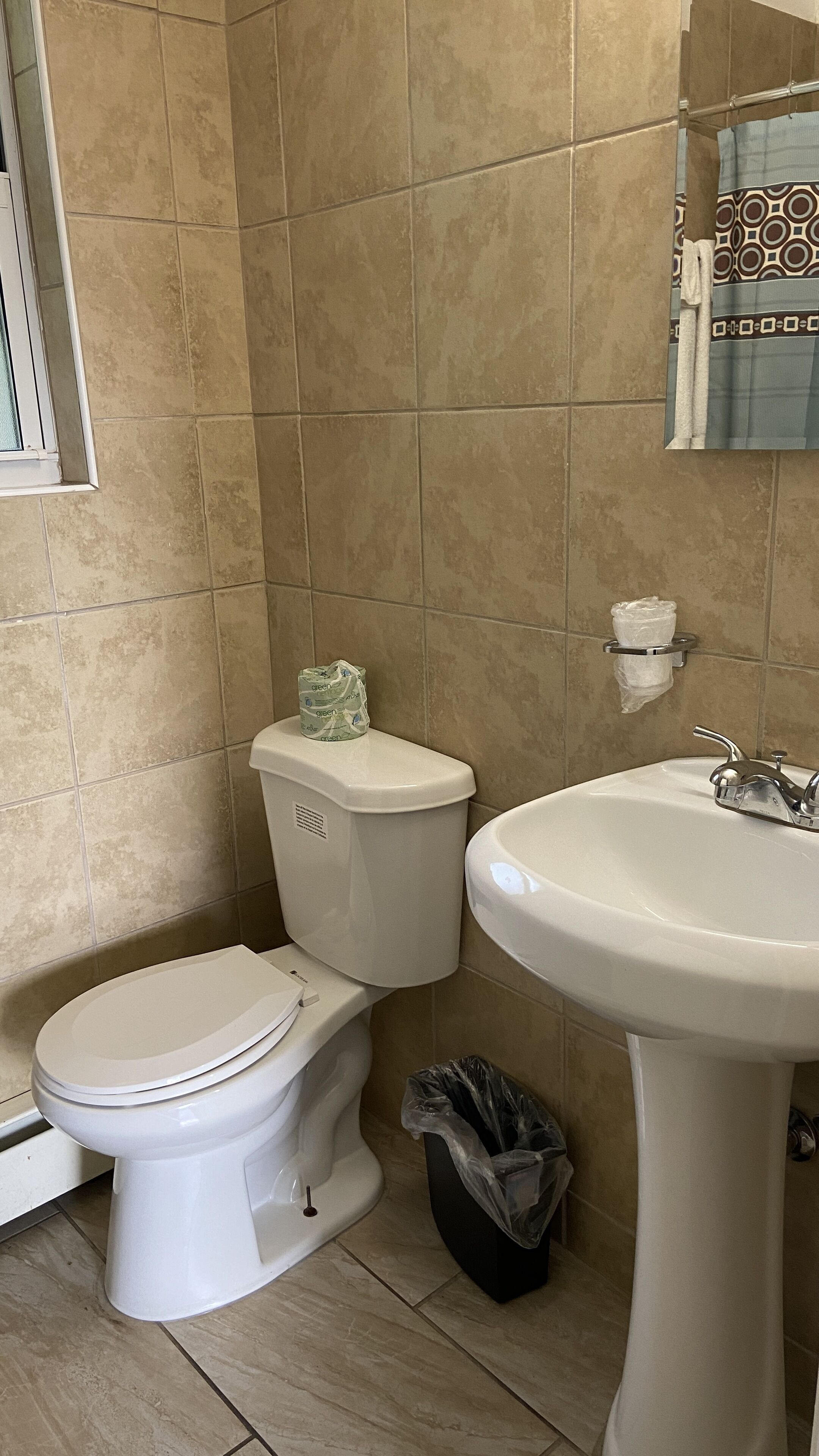 Un baño con inodoro, lavamanos y cubo de basura.