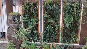 A vertical garden with various plants and a rock structure. - Pousada Green House by Conrado Vitali (Canela)