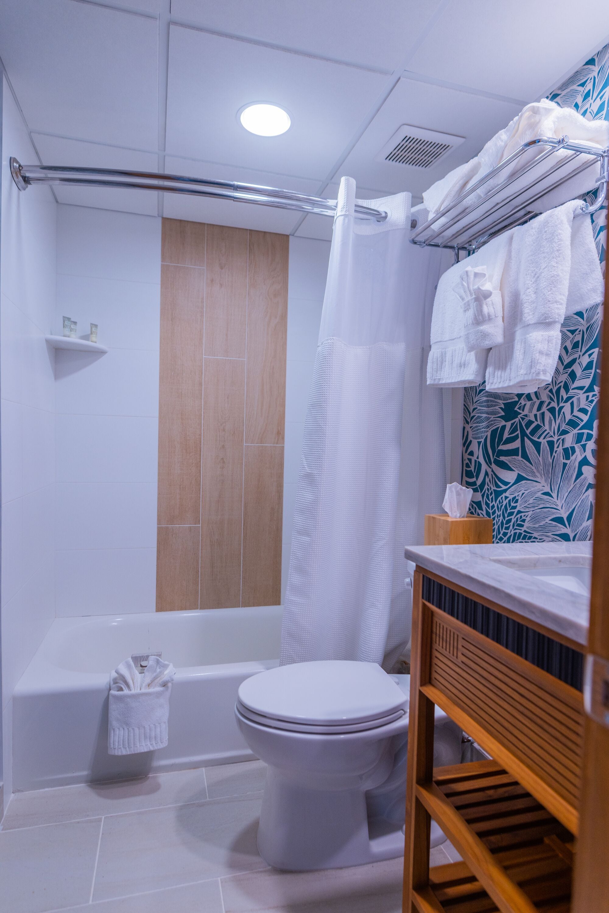 Une salle de bain moderne avec une baignoire, des toilettes et un rideau de douche.