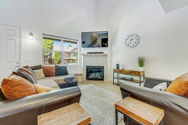 Smart-TV, Kamin, Bücher, Videothek