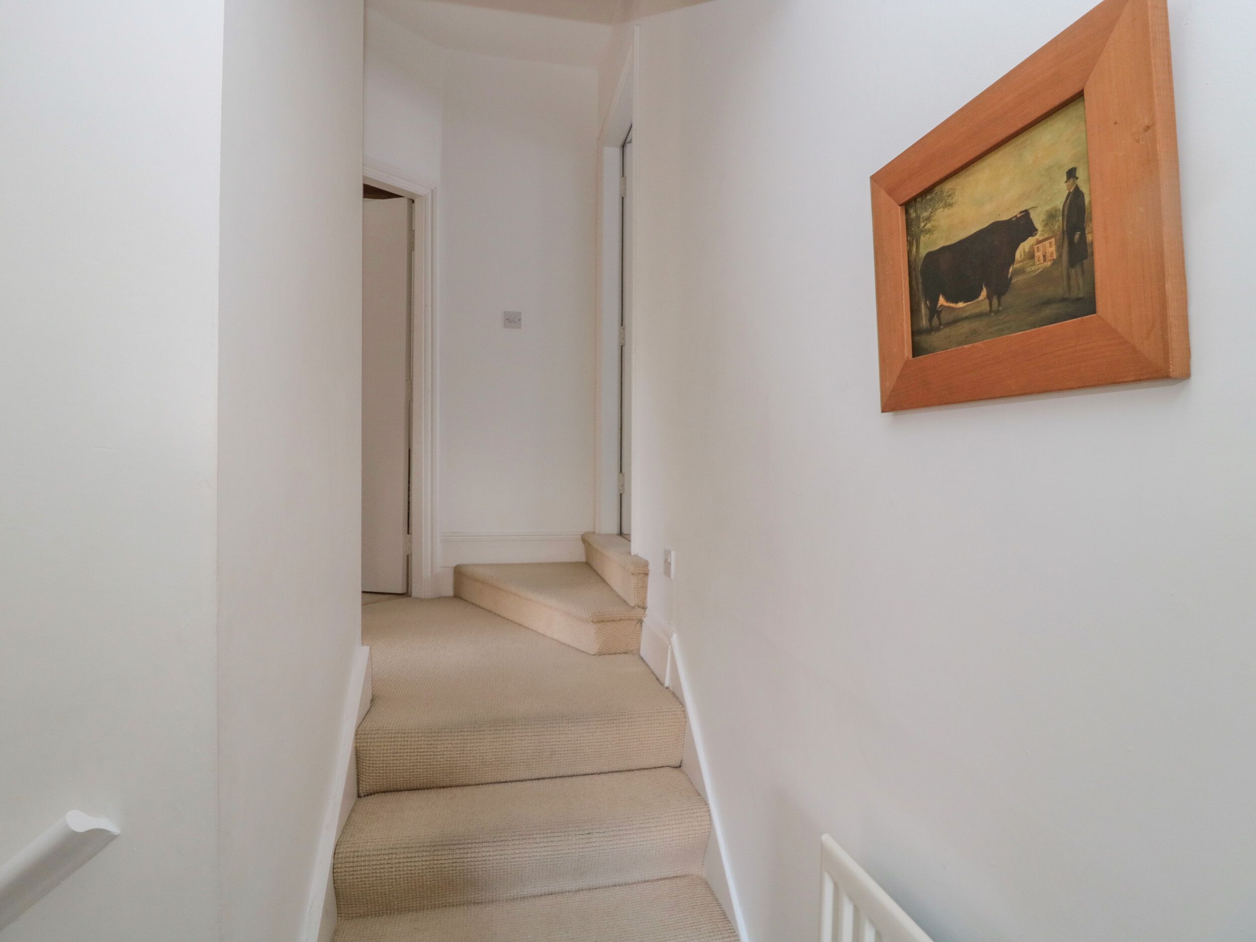 A staircase with beige carpet leading to a door at the end.