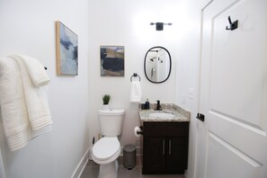 Hair dryer, towels, soap, toilet paper