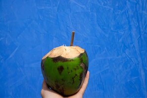Une main tenant une noix de coco verte avec une paille.