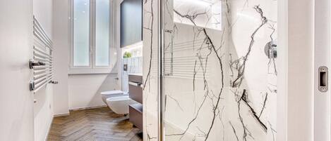 Shower, hair dryer, bidet, towels