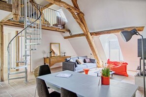 Télévision, cheminée, table de tennis de table, livres