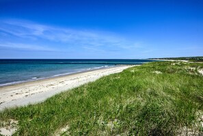 A beach with a grassy dune and a clear blue sky. - Cape Shore Oceanfront—Beach & Creek Views (East Sandwich)