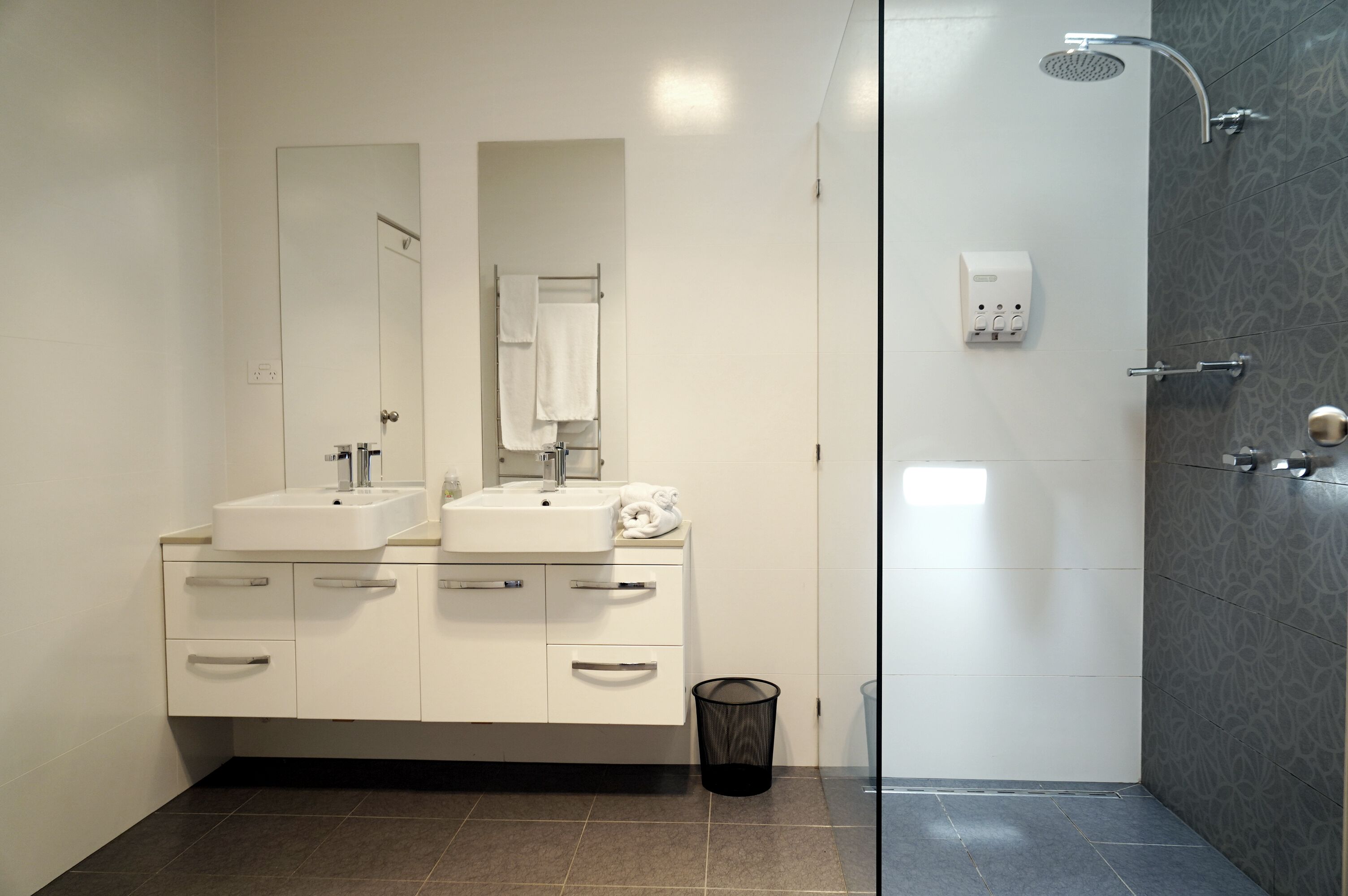 Un baño moderno con dos lavamanos, un espejo, un perchero para toallas, una ducha con puerta de cristal y un cesto de basura.