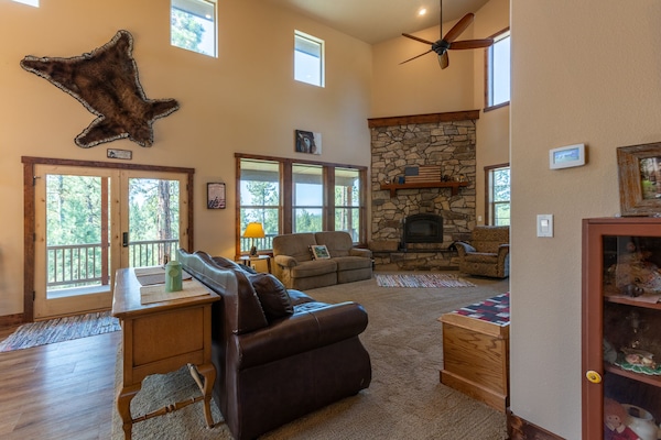 Smart TV, chimenea, reproductor de DVD, libros