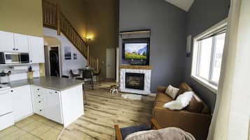 Smart TV, fireplace, books, stereo