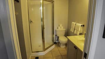 Shower, hair dryer, towels, toilet paper