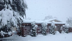 Una cabaña de madera con techo nevado y pared de ladrillo, rodeada de árboles cubiertos de nieve.