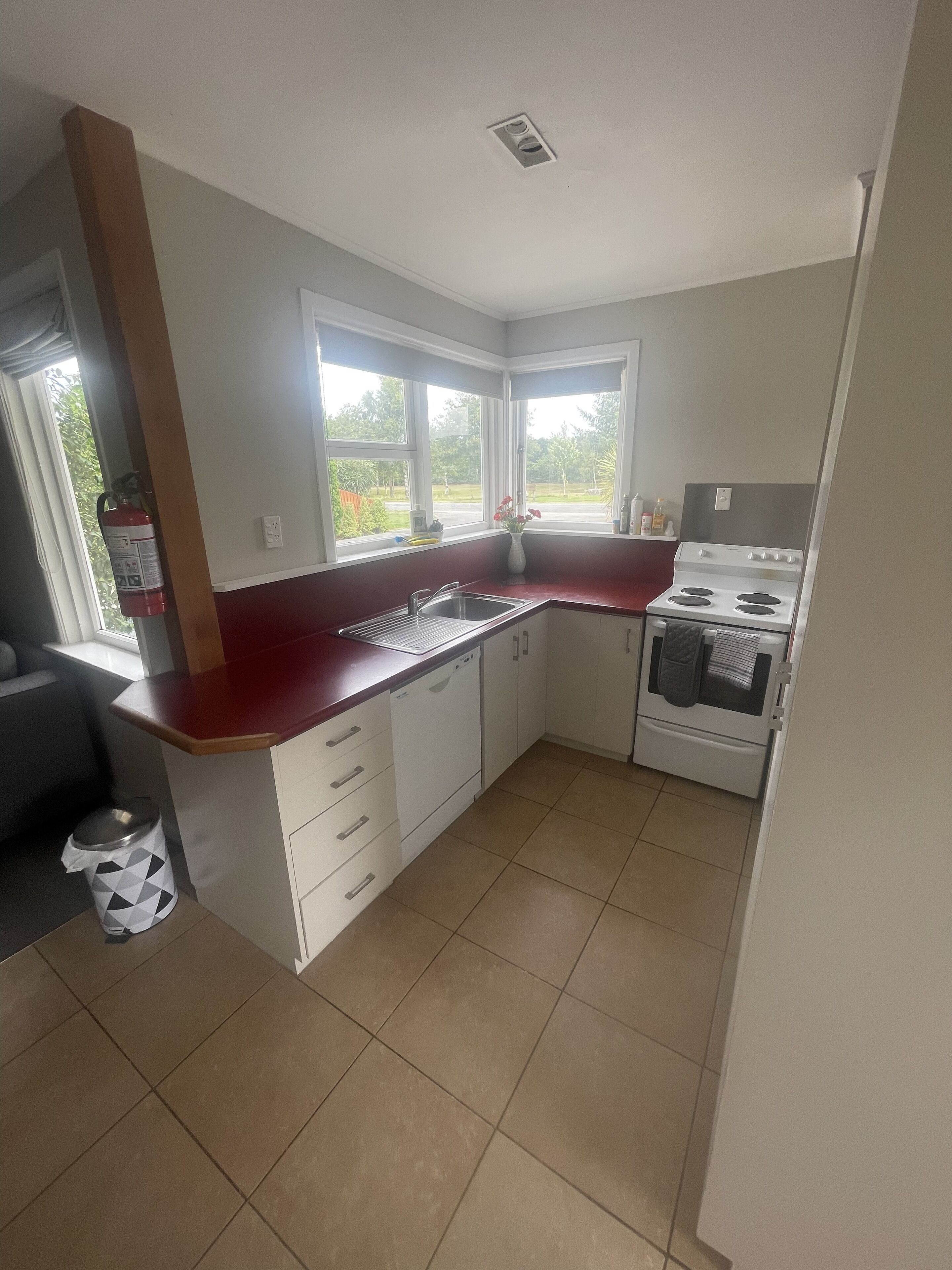 Una cocina compacta con estufa, lavamanos y ventana con vista a un jardín.