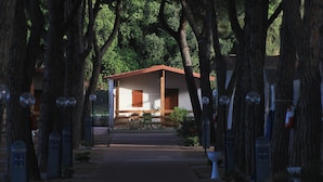 A pathway leading to a building with a red roof, surrounded by trees and equipped with outdoor lighting.