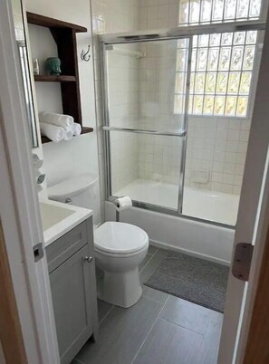 Hair dryer, towels, soap, toilet paper