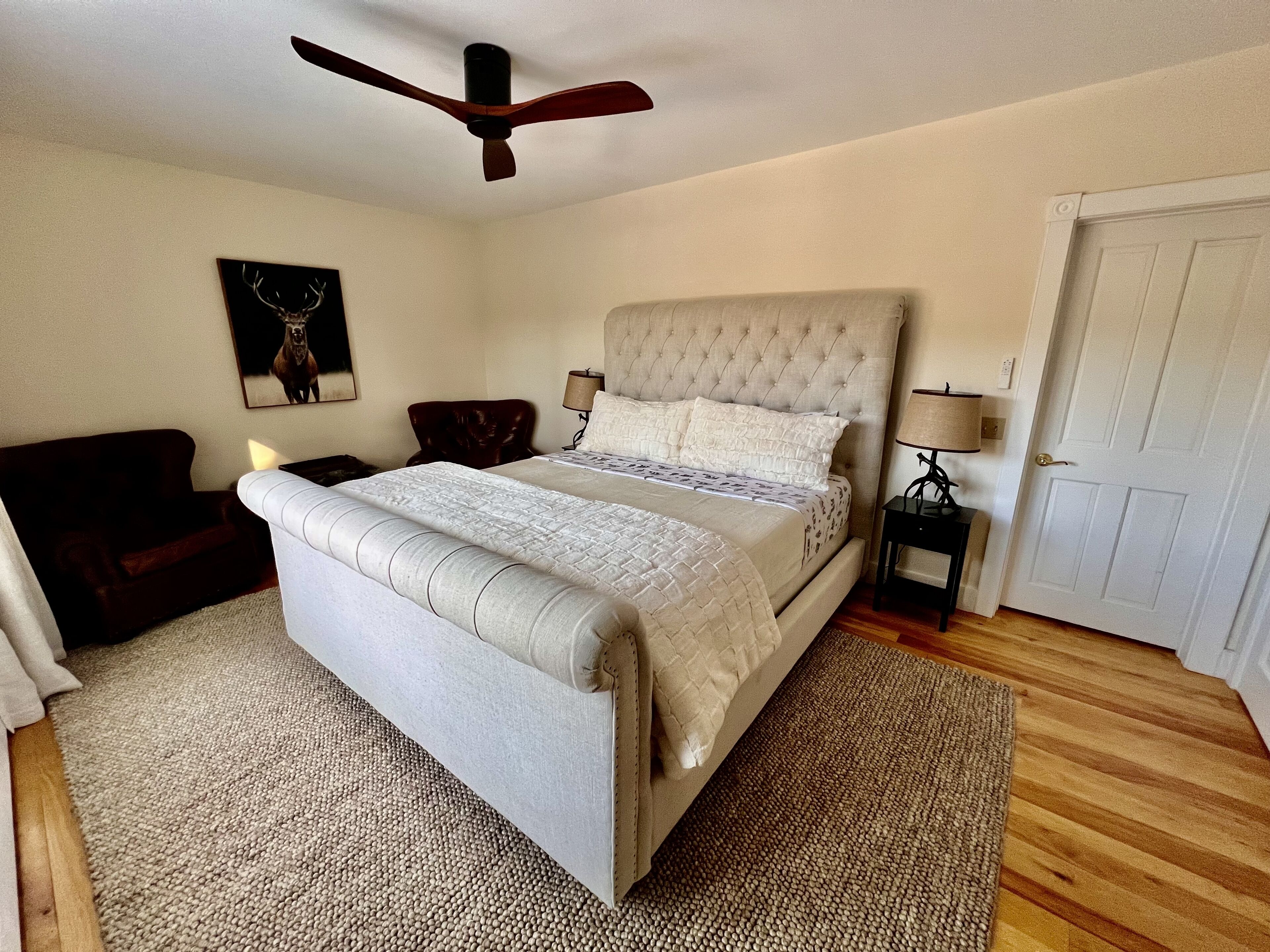 A bedroom with a bed, a ceiling fan, a chair, a lamp, a door, and a painting on the wall.