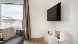 A modern living room with a grey sofa, a TV mounted on the wall, and a window with curtains.