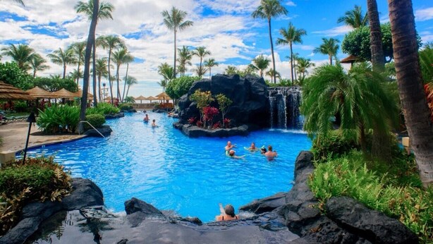 Une piscine agrémentée d’une cascade, entourée de palmiers et d’une végétation tropicale.