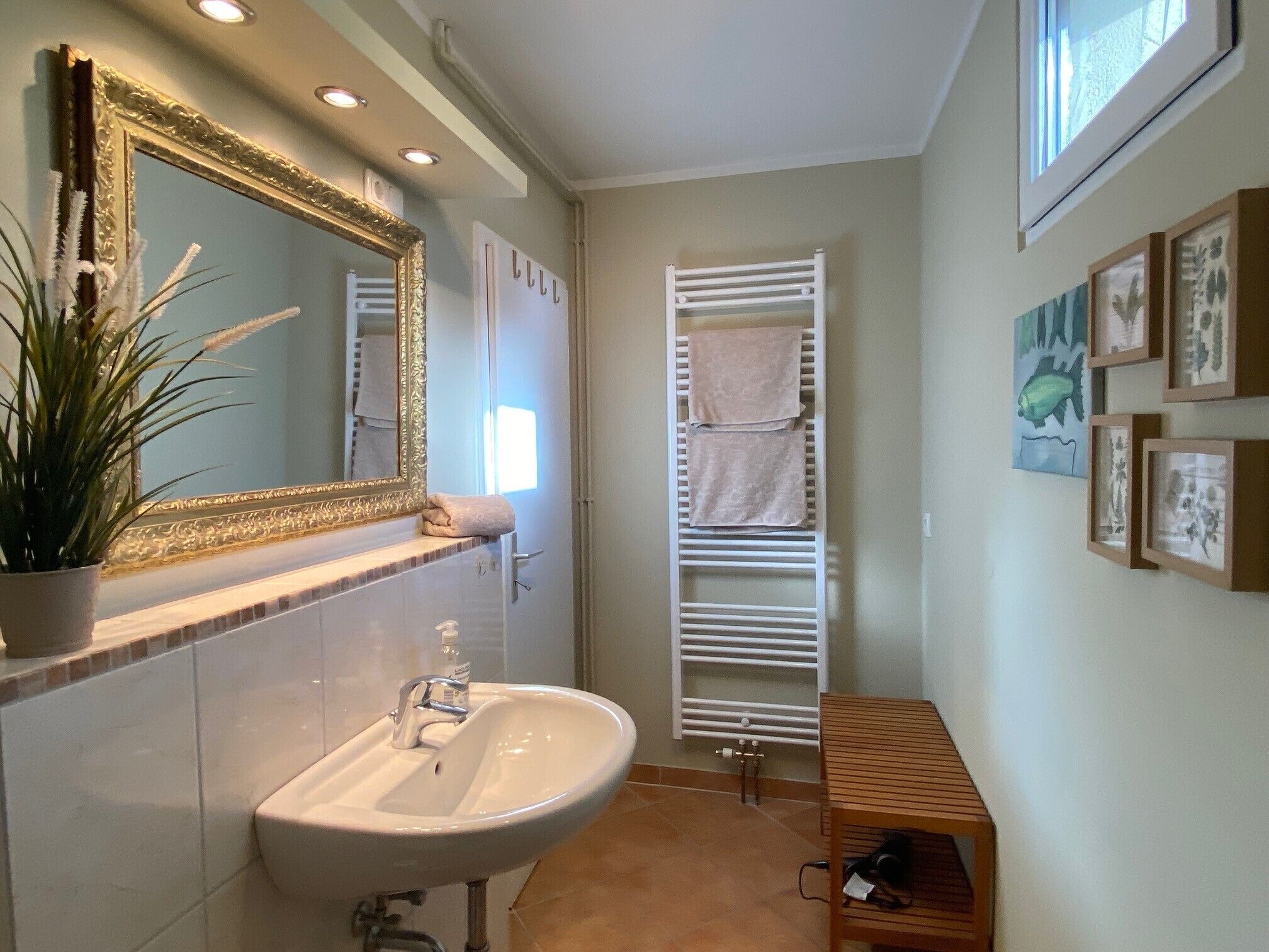 Baño con lavamanos, espejo, toallero y una planta en maceta.