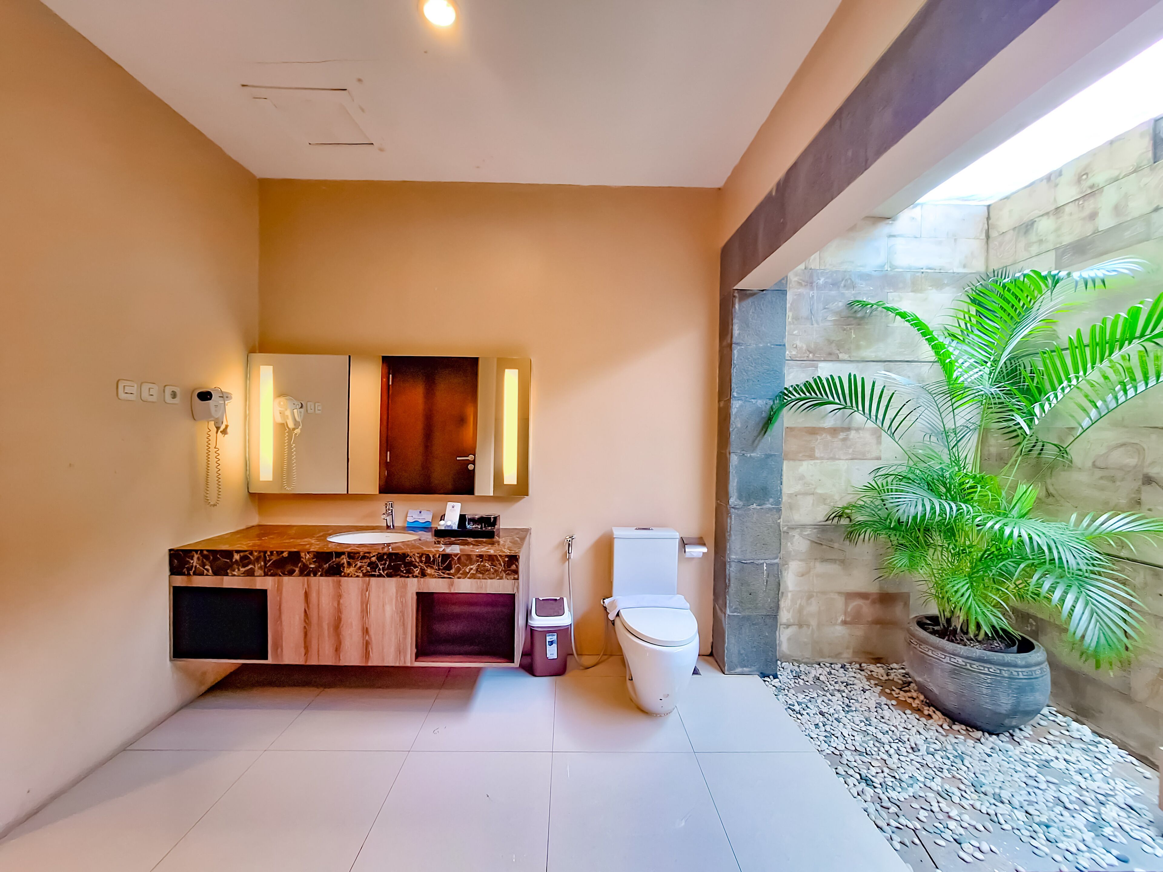 A modern bathroom with a marble vanity, a toilet, and a potted plant.