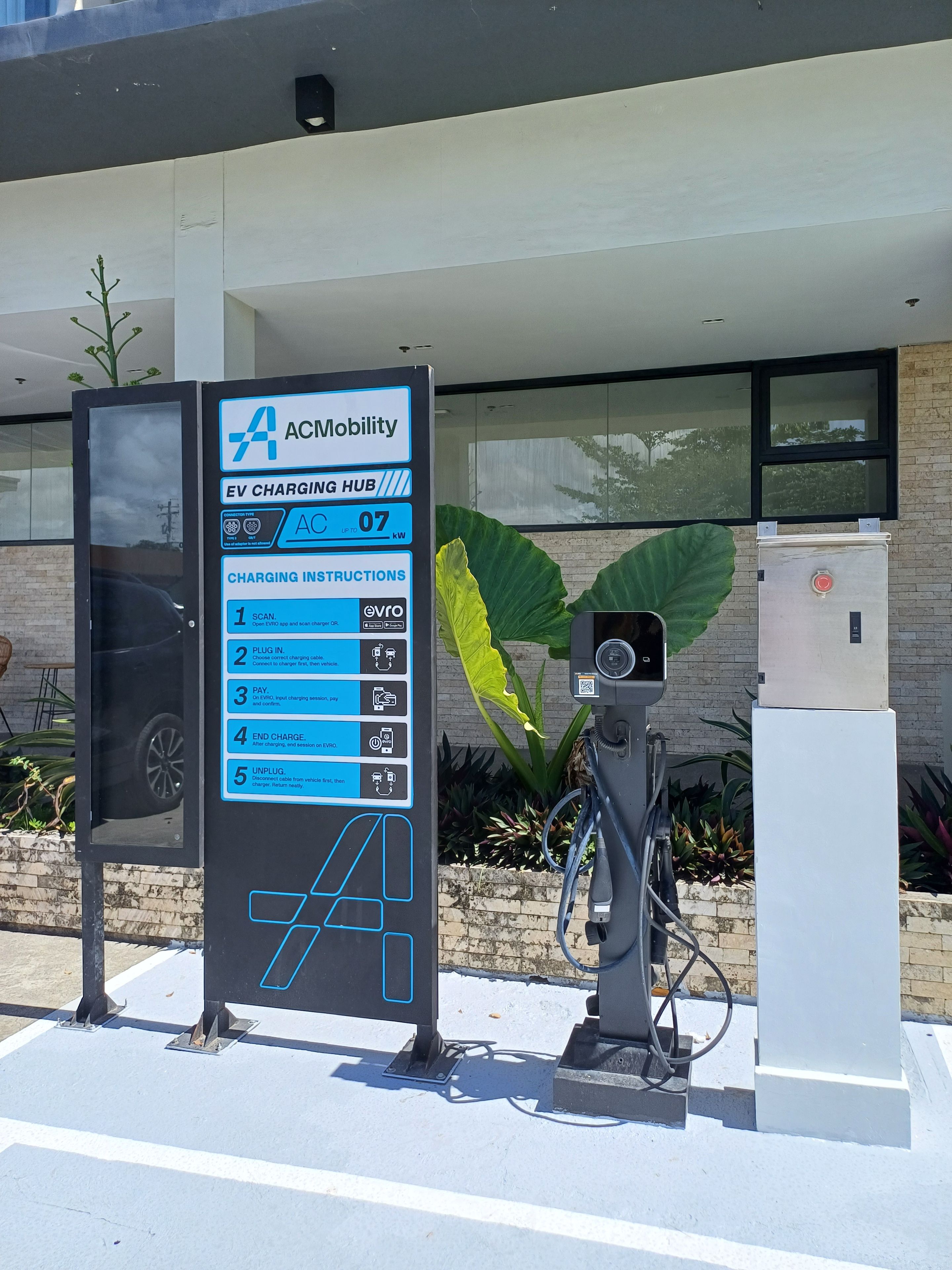 Une borne de recharge pour véhicules électriques, avec un panneau indiquant les instructions de recharge, un câble de recharge et un bâtiment en arrière-plan.