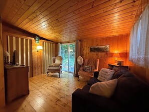TV connectée, cheminée, livres