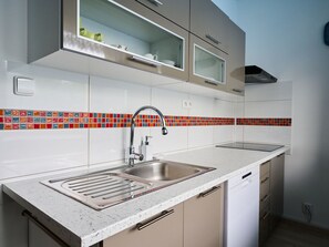 Fridge, microwave, dishwasher, cookware/dishes/utensils