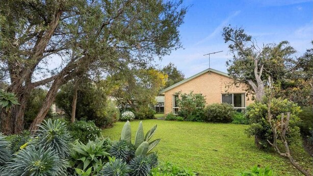 Una casa con un césped cuidado y rodeada de diversas plantas y árboles.