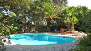 Une piscine bordée de pierres, entourée de palmiers et de chaises longues.
