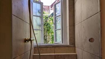 Un petit espace douche fermé, doté d’une fenêtre, de murs carrelés et d’une plante visible à l’extérieur.