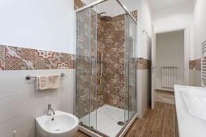 Shower, hair dryer, bidet, towels