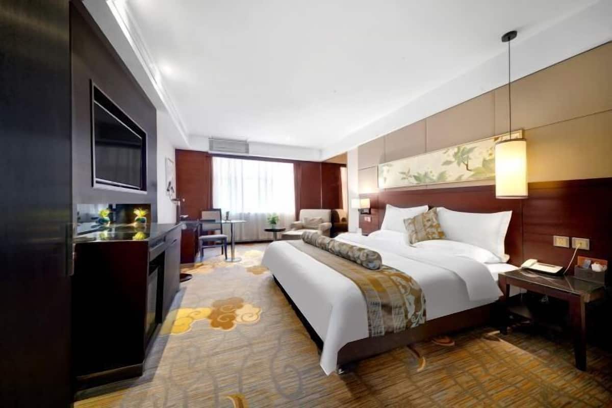 Una camera d'albergo con un letto grande, una scrivania, una sedia, una televisione e una finestra con tende.