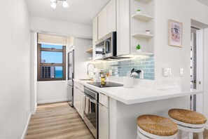 Fridge, microwave, oven, stovetop