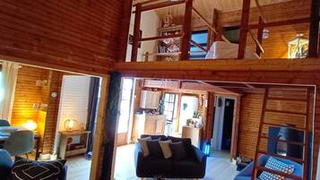 Televisie, een open haard, boeken en een stereo