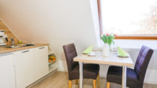 A dining area with a table and chairs, a window with a view, and a kitchen area with cabinets and a countertop. - APARTMENT 2 ON THE 2ND FLOOR (Norderney)