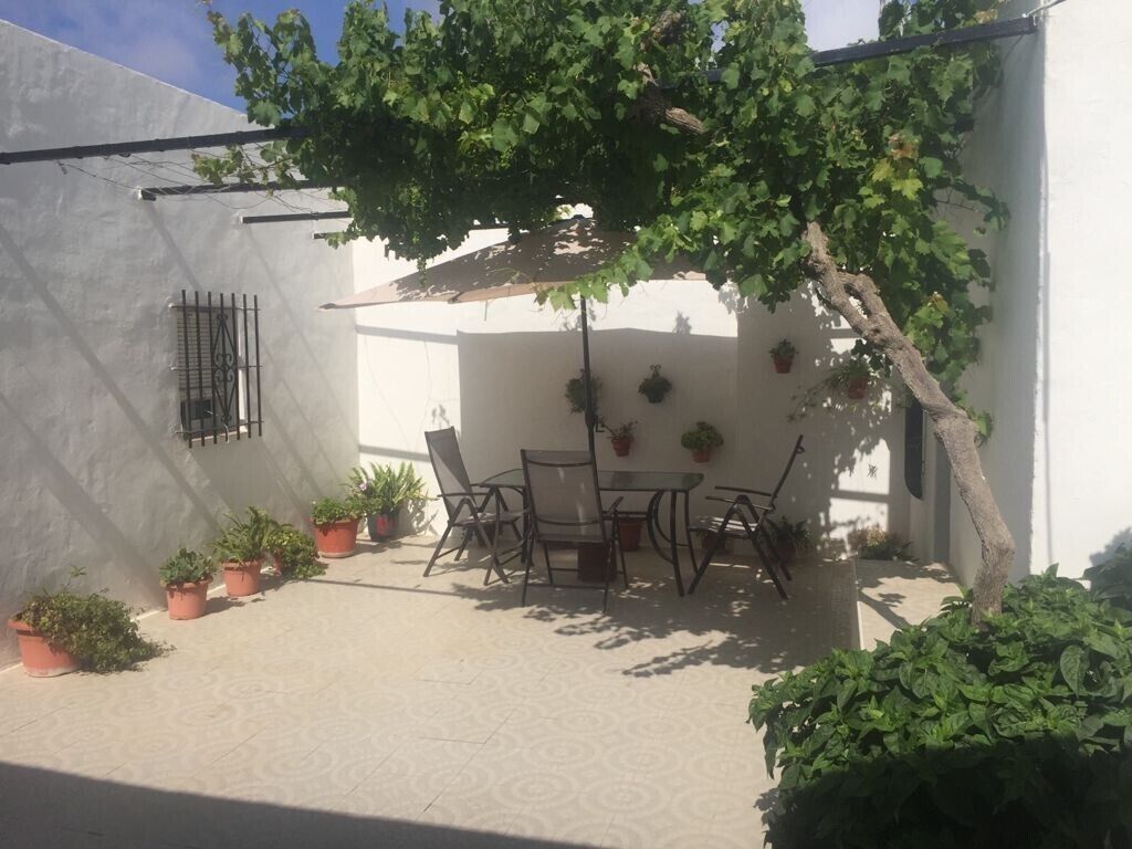 A patio with a table and chairs, surrounded by potted plants and a tree.