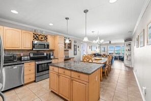 Fridge, microwave, oven, stovetop - Oceanview Absolute Serenity, a 4-bedroom retreat in Oak Island for up to 10 guests. (Oak Island)