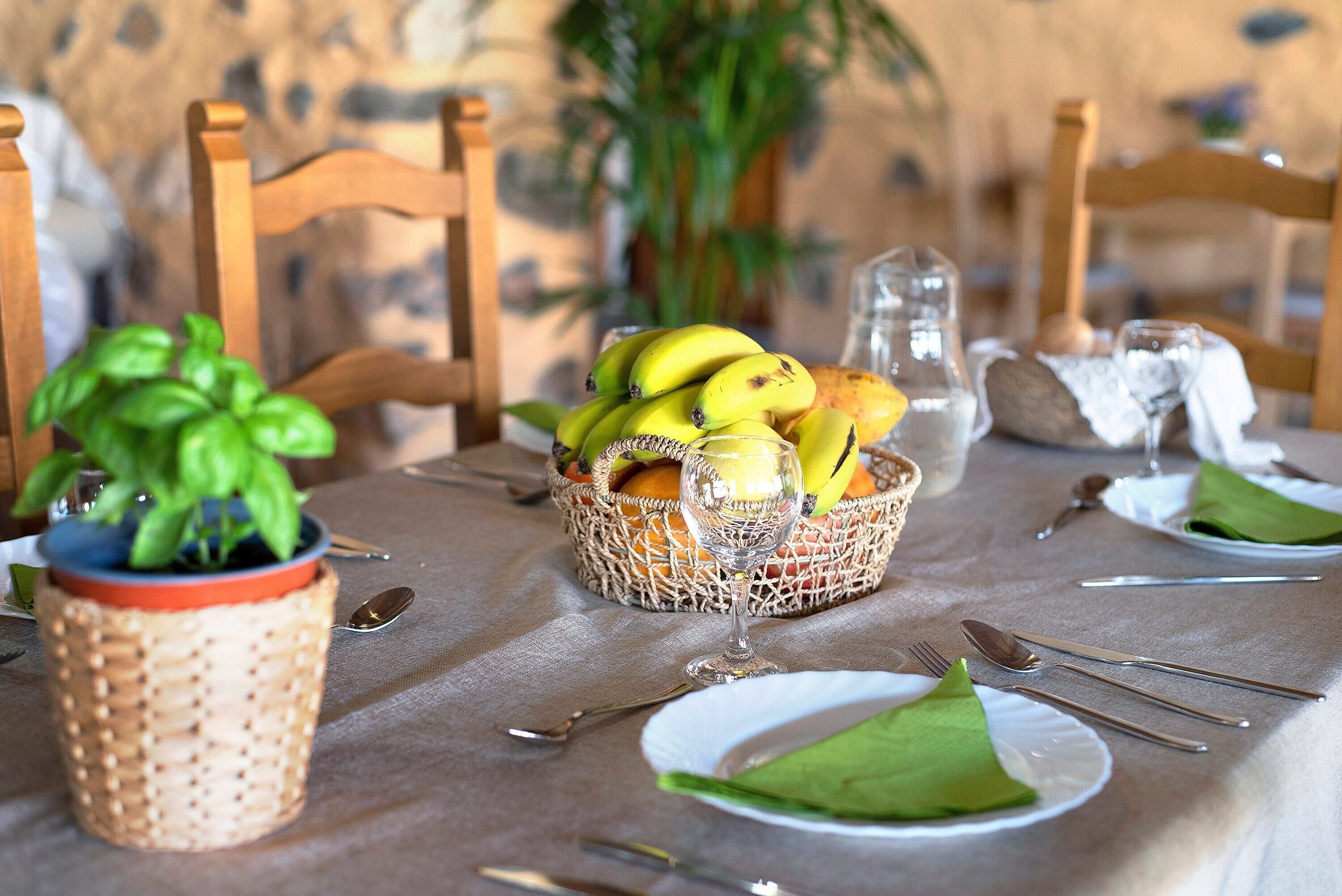 A dining table set with plates, cutlery, a glass, a basket of fruit, and a potted plant.