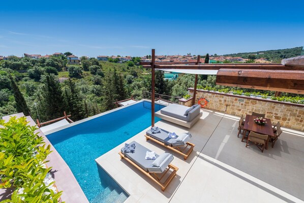 A rooftop pool with lounge chairs and a table, surrounded by greenery and a view of distant buildings.