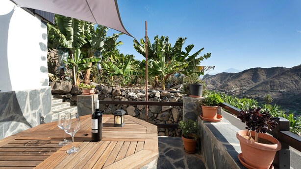 Una mesa de madera con una botella de vino y copas, plantas en macetas y vistas a las montañas.