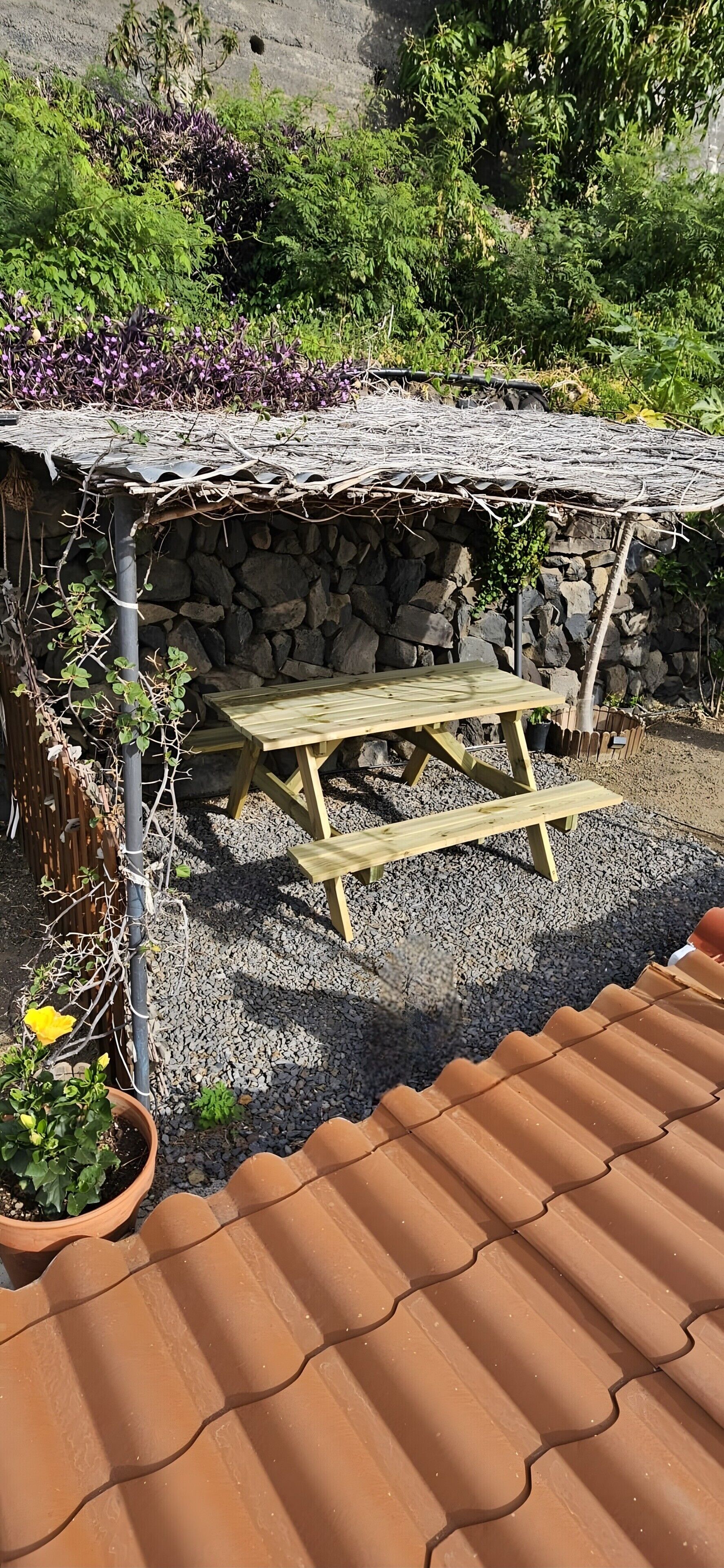 Un espace extérieur aménagé dans un style rustique, avec un mur en pierre en arrière-plan, une table en bois et des plantes en pot.