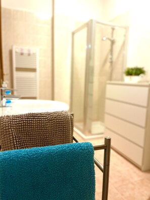 Hair dryer, towels, soap, shampoo