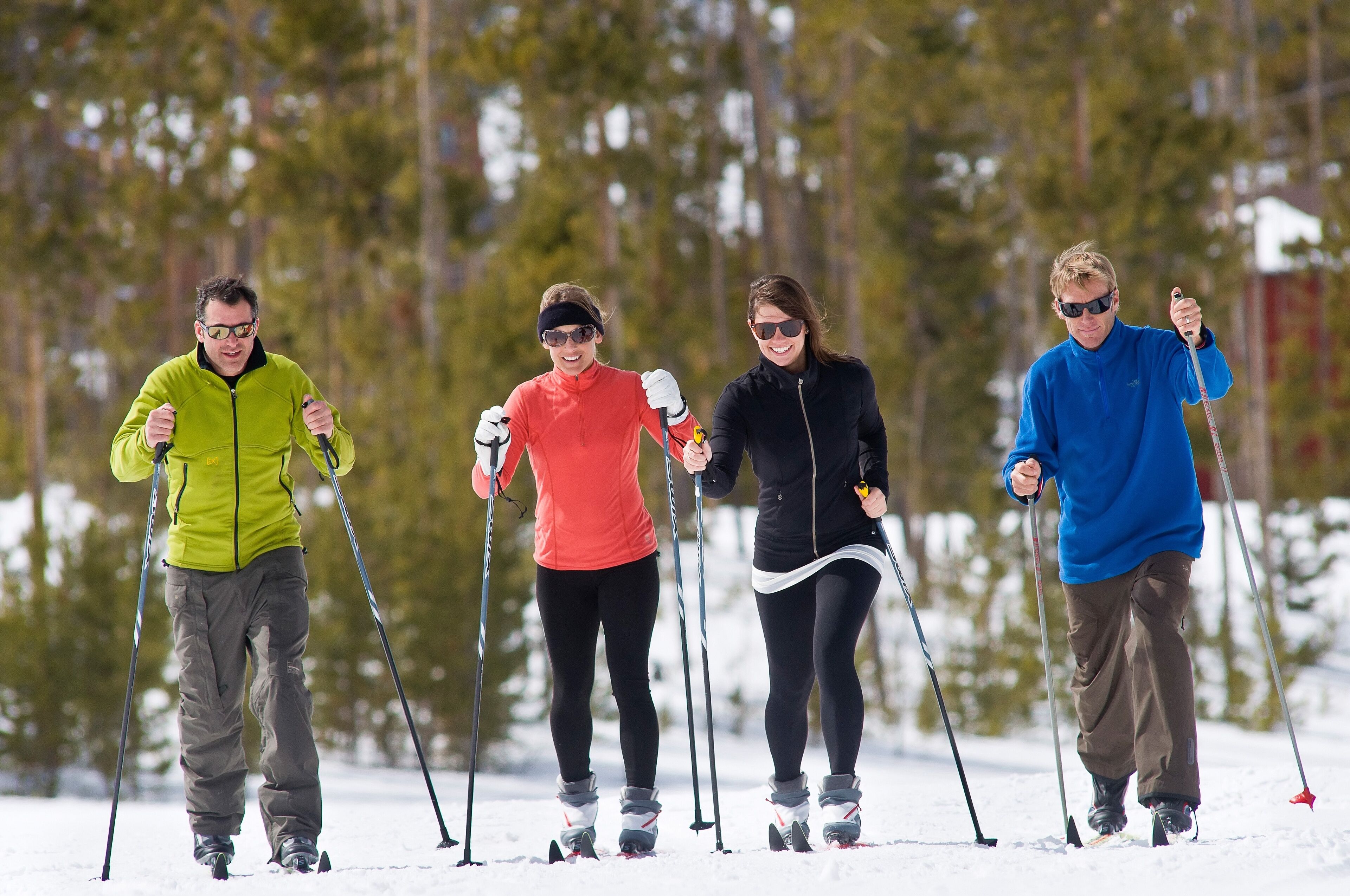 Four people cross-country skiing on a snowy trail with trees in the background.
