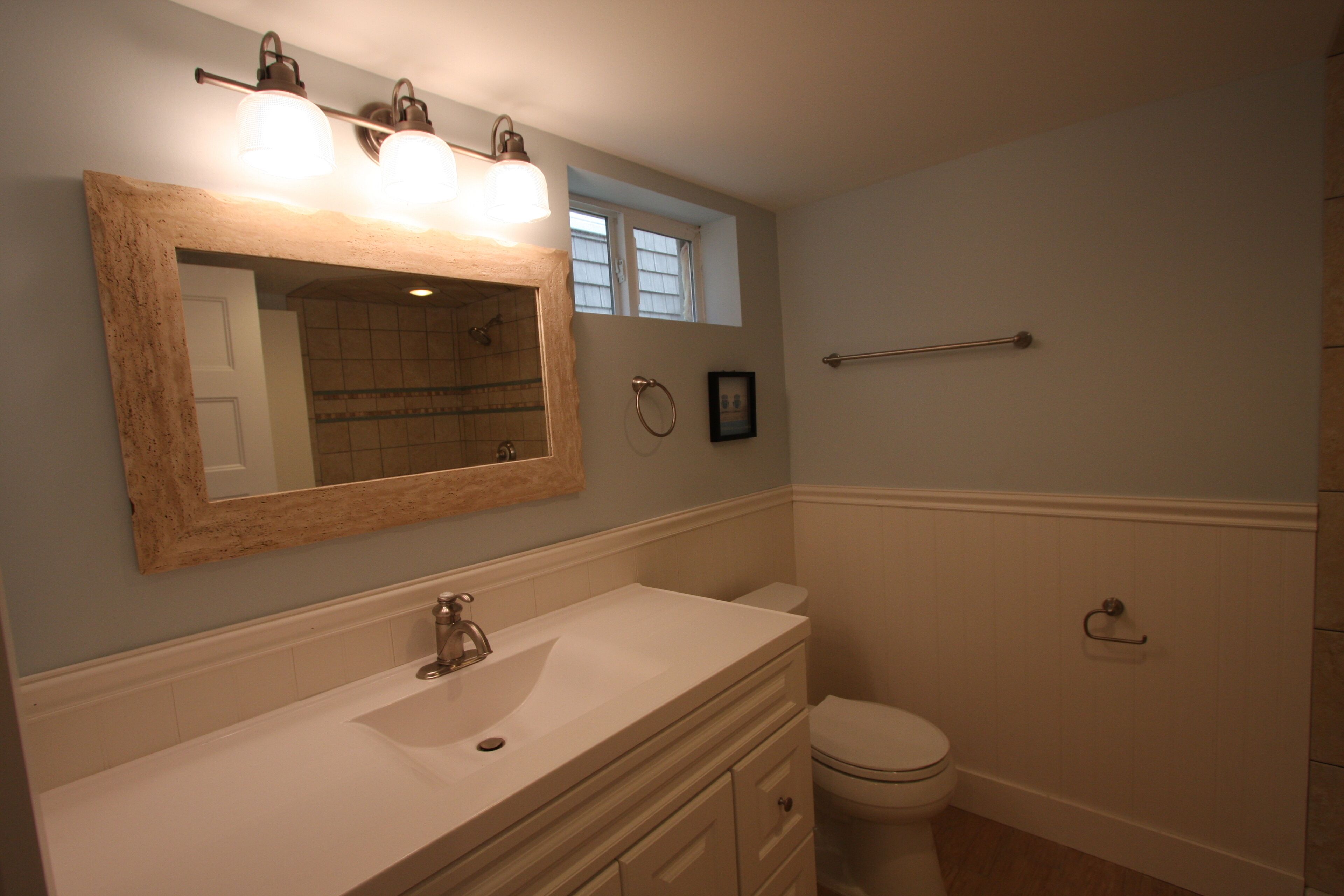 Shower, hair dryer, soap, shampoo